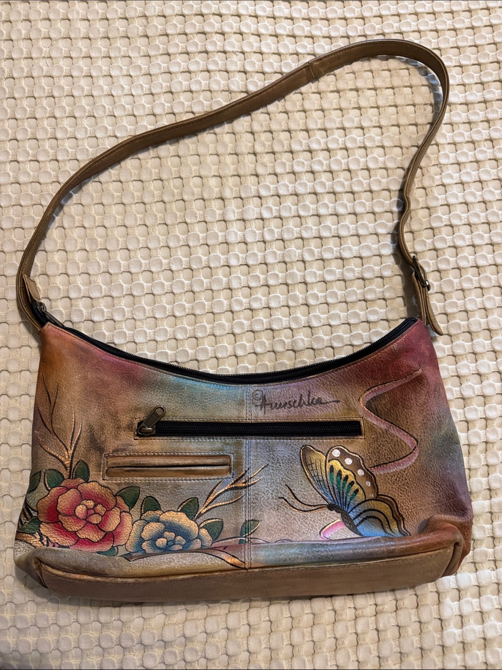 Anuschka Hand-Painted Floral & Butterfly Leather Shoulder Bag in Multicolor